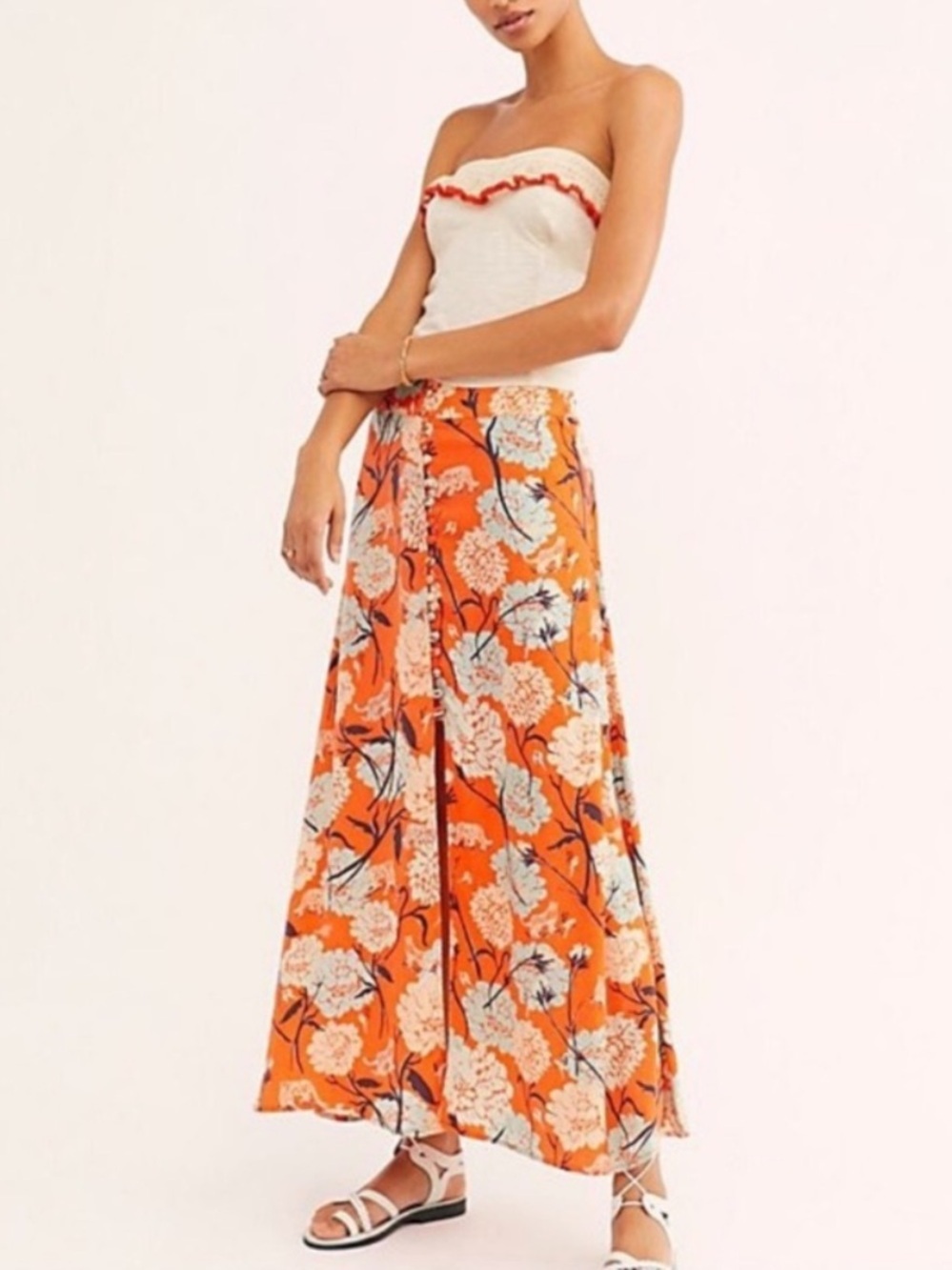 Free People Maxi Floral Skirt Buttoned Front Sz 2
